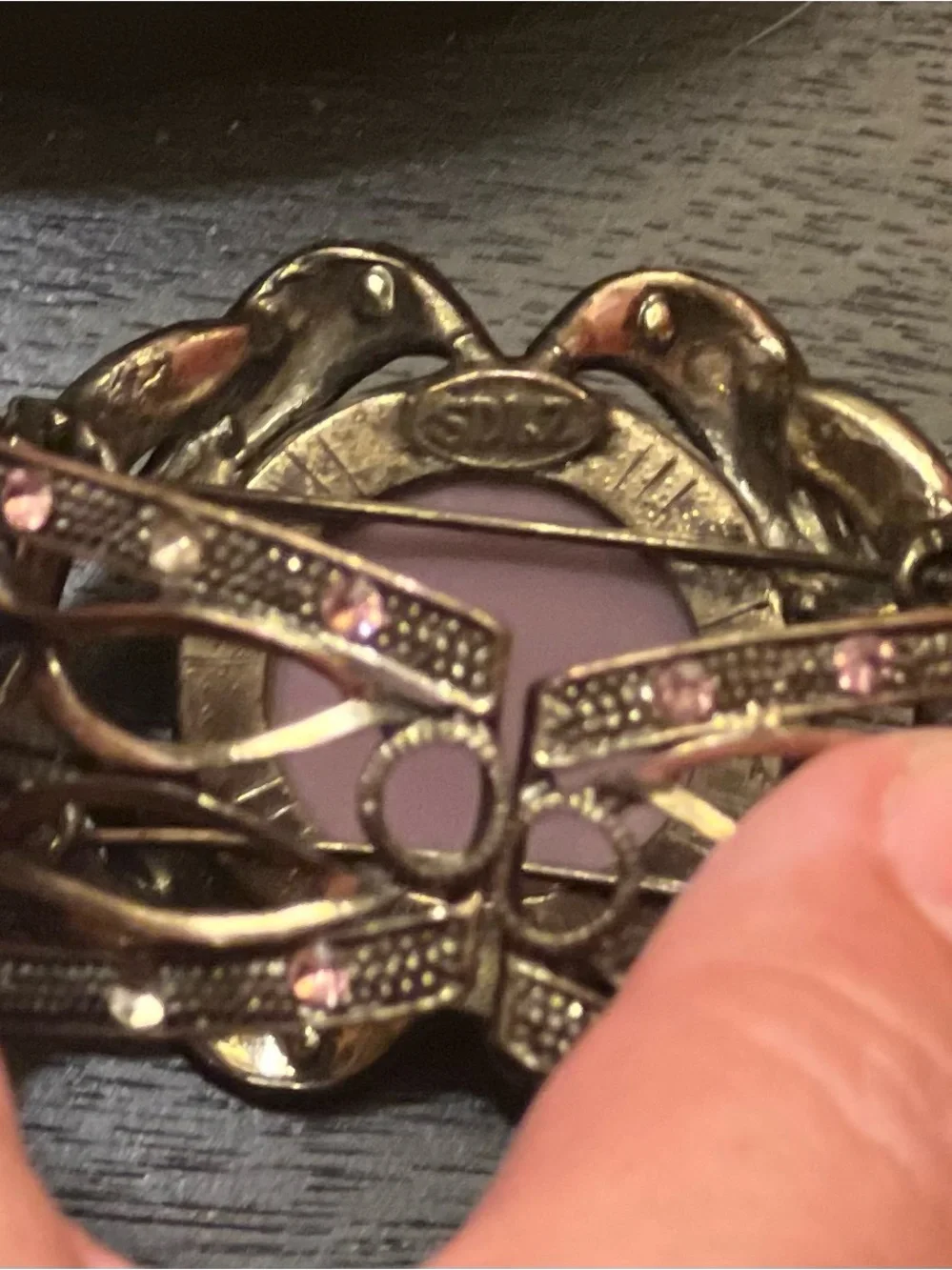 Vintage SDLZ Signed Cameo Clamper Cuff Bracelet Purple AB Rhinestone Victorian